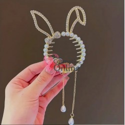 Accesoriu tip banana pentru prins parul din metal PZS050EE - Auriu cu cristale si perle Iepuras